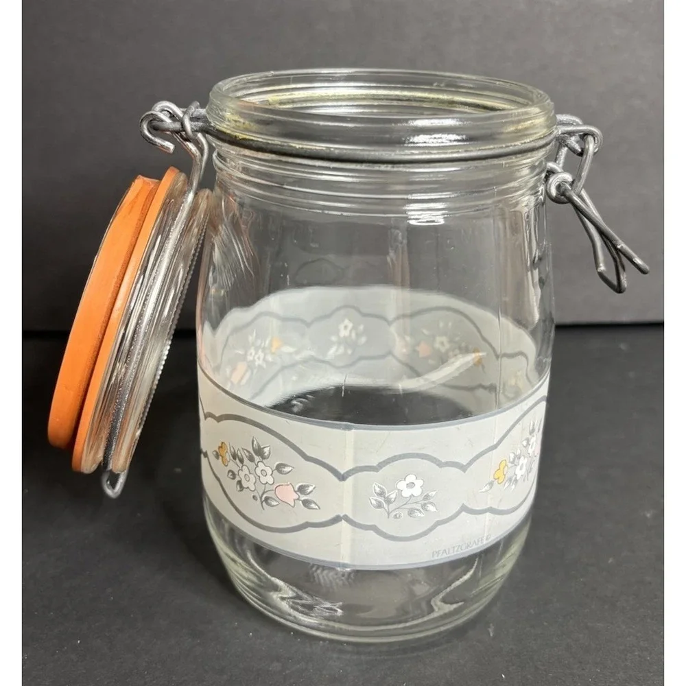 Pfaltzgraff Remembrance Glass Canister 1L Floral Arc Floral Hinged Lid *READ
